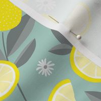 Lush citrus garden botanical boho lemons and summer leaves kitchen restaurant yellow blue gray