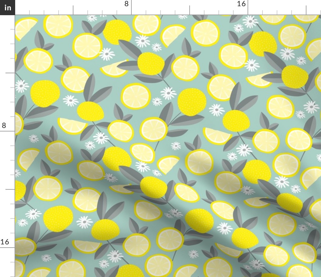 Lush citrus garden botanical boho lemons and summer leaves kitchen restaurant yellow blue gray