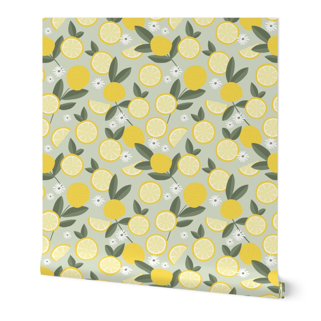 Lush citrus garden botanical boho lemons and summer leaves kitchen restaurant yellow mist green gray