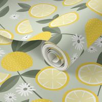 Lush citrus garden botanical boho lemons and summer leaves kitchen restaurant yellow mist green gray