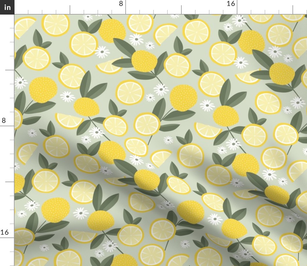Lush citrus garden botanical boho lemons and summer leaves kitchen restaurant yellow mist green gray