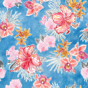 Hawaiian Watercolor Orchids & Hibiscus (French blue)