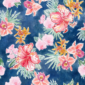 Hawaiian Watercolor Orchids & Hibiscus (navy) 18"