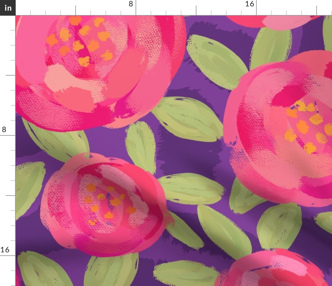 Painted Roses on Purple - extra large scale