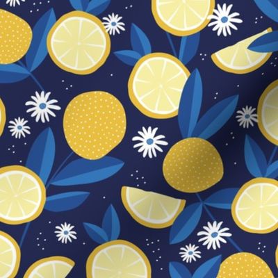 Lush citrus lemons garden botanical boho lemons and summer leaves kitchen restaurant navy blue eclectic blue yellow 