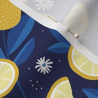 Lush citrus lemons garden botanical boho lemons and summer leaves kitchen restaurant navy blue eclectic blue yellow 