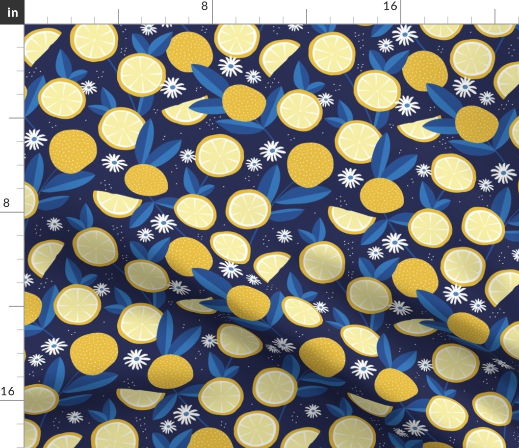 Lush citrus lemons garden botanical boho lemons and summer leaves kitchen restaurant navy blue eclectic blue yellow 