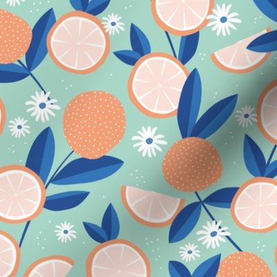 Lush citrus oranges garden botanical boho lemons and summer leaves kitchen restaurant mint orange blue 