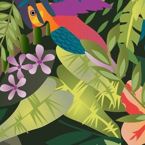Tropical Jungle Floral with Birds green