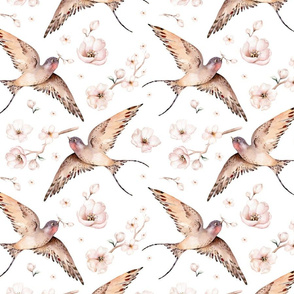 Watercolor spring birds Swallow pattern 6