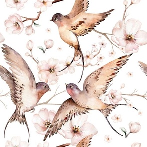 Watercolor spring birds Swallow pattern 4