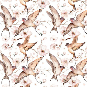 Watercolor spring birds Swallow pattern