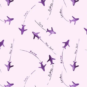 around the world in plum shades - watercolor airplanes in purple