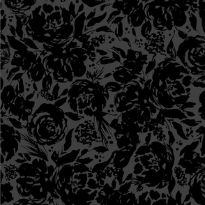 Abstract black bloom silhouettes on charcoal background