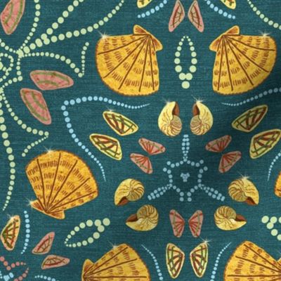 Golden Scallops and shells on Dark Teal