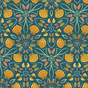 Golden Scallops and shells on Dark Teal