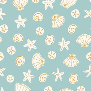 Boho Sea Shells in blue green and golden yellow beach nautical ocean