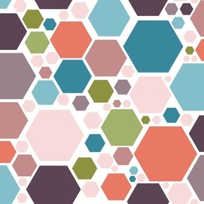Happy Hexagons in puce and cerulean blue