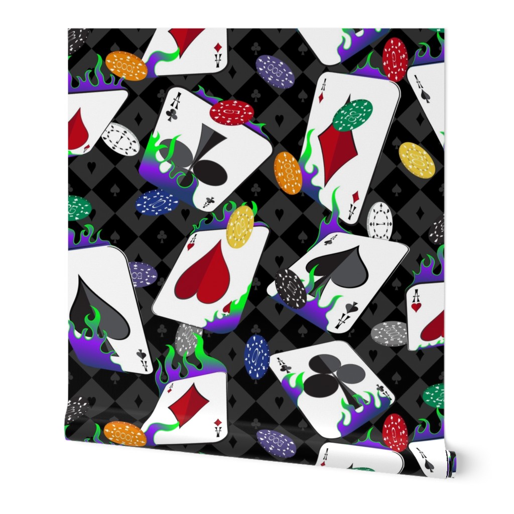 Flaming Lucky Playing Cards - Poker Chips -Black Purple Green