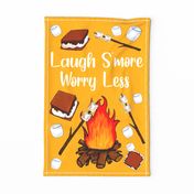 Large 27x18 Fat Quarter Panel Laugh More Worry Less Smores Campfire Toasted Marshmallows on Golden Yellow  Fabric Panel for Wall Art or Tea Towel
