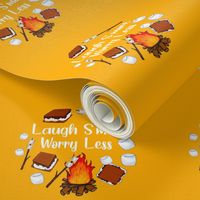 6" Circle Panel Laugh More Worry Less Smores Campfire Toasted Marshmallows on Golden Yellow for Embroidery Hoop or Quilt Squares