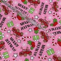 Large Scale Merry Jeepmas! Christmas Jeep 4x4 Off Road Vehicles in Red and Pink