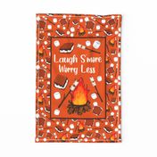 Large 27x18 Fat Quarter Panel Laugh More Worry Less Smores Campfire Toasted Marshmallows on Golden Yellow  Fabric Panel for Wall Art Garden Flag or Tea Towel