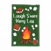 Large 27x18 Fat Quarter Panel Laugh More Worry Less Smores Campfire Toasted Marshmallows on Hunter Green Fabric Panel for Wall Art or Tea Towel