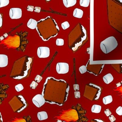 Large 27x18 Fat Quarter Panel Laugh More Worry Less Smores Campfire Toasted Marshmallows on Rich Red  Fabric Panel for Wall Art or Tea Towel