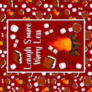 Large 27x18 Fat Quarter Panel Laugh More Worry Less Smores Campfire Toasted Marshmallows on Rich Red  Fabric Panel for Wall Art or Tea Towel