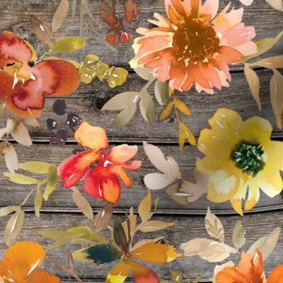Fall Golden Floral on dark wood - large scale