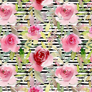 Pink Roses on a distressed stripe background - large scale