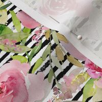 Pink Roses on a distressed stripe background - medium scale