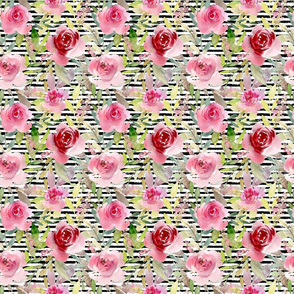 Pink Roses on a distressed stripe background - medium scale