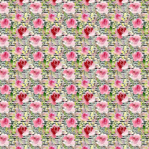 Pink Roses on a distressed stripe background - small scale