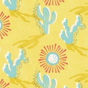 small  scale midcentury modern block printed cactus in sunshine dropping shadow by art for joy lesja saramakova gajdosikova design