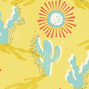 Large  scale midcentury modern block printed cactus in sunshine dropping shadow