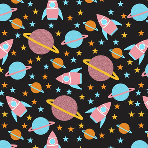Black with a Pink and Blue Rocket and Planets Design