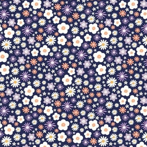 Boho wild flowers blossom flower bed with daisies buttercups and lilies garden summer liberty londen style navy blue papaya orange lilac
