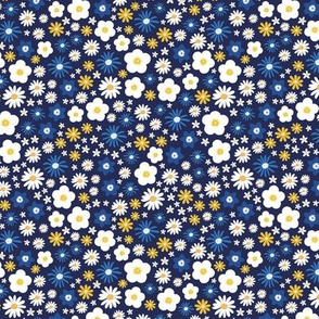 Boho wild flowers blossom flower bed with daisies buttercups and lilies garden summer liberty londen style navy blue ochre white