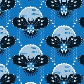Navy nocturnal owls with the blue moon damask