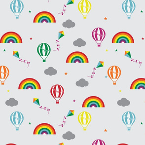White Fabric with a Rainbow and Multicoloured  Hot Air Balloons Design