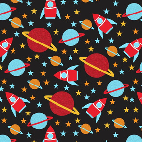 Black Fabric with a Design of Space Rockets and Planets