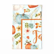 Large 27x18 Fat Quarter Panel Fall Is In The Air Rustic Farmhouse Pumpkins on Pale Blue for Wall Art or Tea Towel