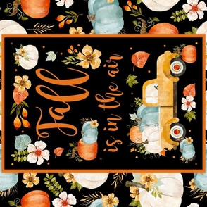 Large 27x18 Fat Quarter Panel Fall is in the Air Rustic Farmhouse Truck with  Pumpkins on Black  Panel for Wall Art or Tea Towel 