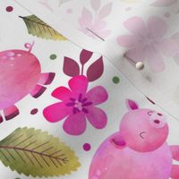 Medium Scale - The Prettiest Farm - Sweet Pink Pigs and Flowers on White Background