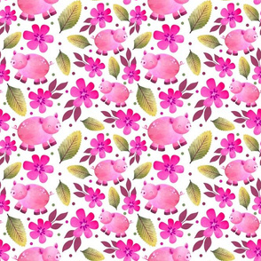 Medium Scale - The Prettiest Farm - Sweet Pink Pigs and Flowers on White Background