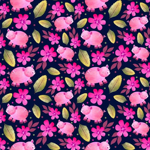 Medium Scale - The Prettiest Farm - Pink Pigs on Dark Navy Background