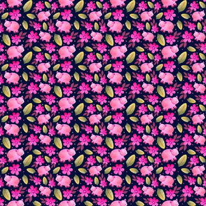 Small Scale - The Prettiest Farm - Pink Pigs on Dark Navy Background