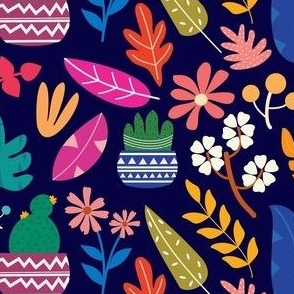 Small Scale Mod Scandi Scatter Colorful Leaves and Flowers on Navy